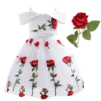 Бяла сватбена рокля за рожден Ден, дантелено рокля-пакетче принцеса с розова бродерия на цветя, детски дрехи за момичета, детски парти за момичета, дрехи