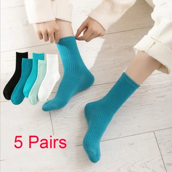 5 Чифта чорапи Classic Blue Series, дамски памучни възли обикновена чорапи сезон 4, основни дамски чорапи със средна дължина за всеки ден