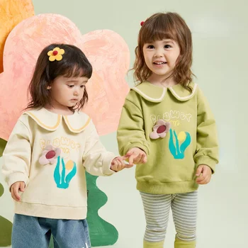 Универсални есенни пуловери за малки момичета, Абрикосово-зелени ризи с яка, в формата на буквата 