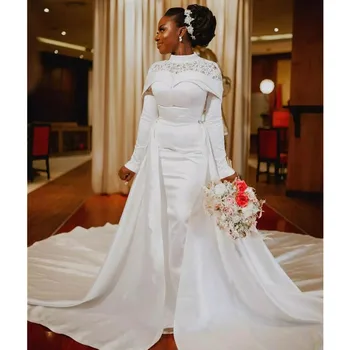 Красиви Арабски прозрачни сватбени рокли-русалка с аппликацией на високо вырезе и сатенени свадебными рокли с дълъг ръкав на върха на поли