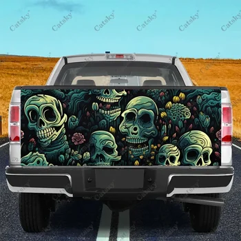 Многоцветни на черепа, тъмната обвивка на багажника на камион за Хелоуин, материал професионален клас, универсален, подходящ за пълен размер на камиони, устойчив на атмосферни влияния