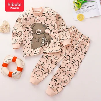 hibobi, комплект детска удобни топли дрехи за дома от 100% памук кръгло деколте, пижами с хубаво мече и пижамные панталони, комплект от 2 теми