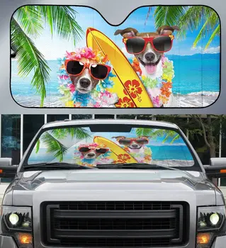Кучето Е На Хаваите Бигля С Дъска За Сърф В Летния Плажа, Авто Козирка От Кокосовата Палма, Подарък За Фен Бигля, Автоматичен Козирка Hawaii Vibe,
