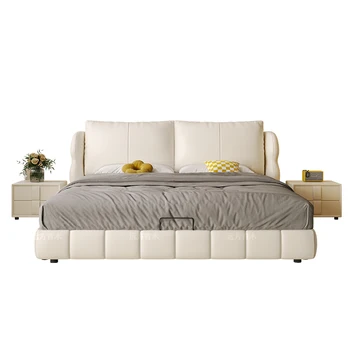 Слоеная двойно легло в минималистичен кремовом стил, основна спалня, благородна, елегантна, лека луксозно кожено легло, двойно легло в основната спалня