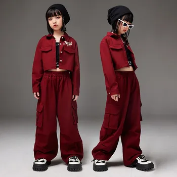 Червени ризи, панталони-карго, облекла в стил хип-хоп за момичета, пролетта и есента на улицата мода, костюми за ученици, спортен костюм 10 12 14 години