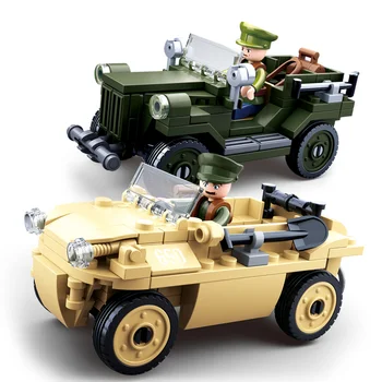 Военен полицай кола от времената на Втората световна война ГАЗ-67 Модел автомобил Тухли Армейските сили Създаване на войници Строителни блокове Забавни детски играчки