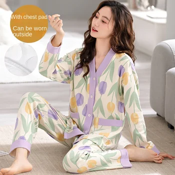 Нов пижамный комплект Дамско пролетта и есента памучно кимоно Жилетка с дълги ръкави и подплата гърдите на Жена случайни комплект дрехи за дома за почивка
