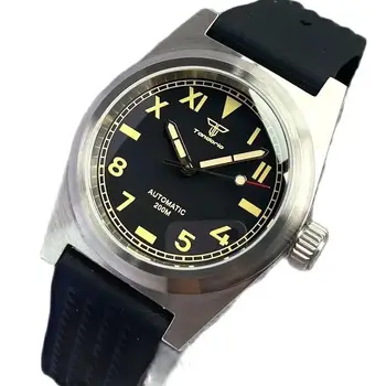 Мъжки автоматичен часовник Tandorio 38mm AR с сапфирено стъкло Japan NH35 PT5000, матиран квадратен 200-метров водоустойчива черна каишка от каучук