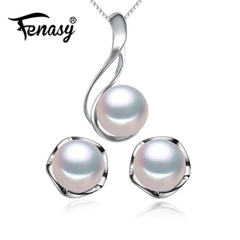 Комплекти бижута от перли FENASY Колие от естествени перли За жени Обеци-карамфил от сребро 925 проба Класическа кръгла висулка