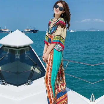 Плажна рокля в Тайланд, лятно Женствена рокля за почивка на Малдивите, плажна рокля за почивка на море, Островна Етническа рокля свободно намаляване в стил империя, ежедневна рокля Макси