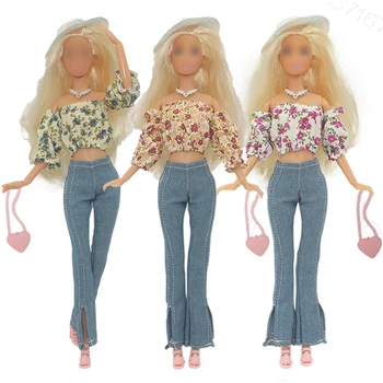 Нов стоп-моушън облекло Топ с цветя модел, Панталони, обувки, дрехи за Барби, дрехи за кукли 30 см, аксесоари за кукли