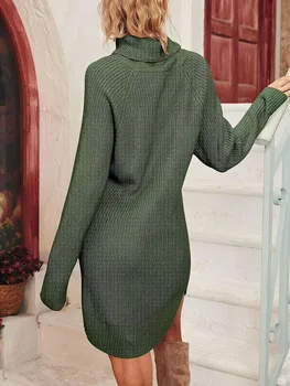 Жената есен мини-рокля поло с дълъг ръкав, однотонное трикотажное рокля, ежедневна рокля-пуловер