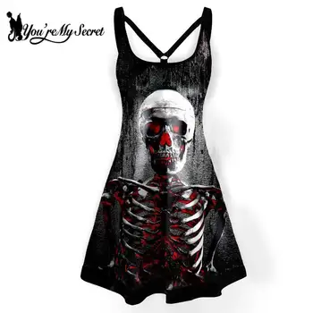 [Ти си моята тайна] Женствена рокля-комбинация с лоши виртуален скелет на Хелоуин, Лято 2023, Страшни готически секси рокля с отворен гръб, женски