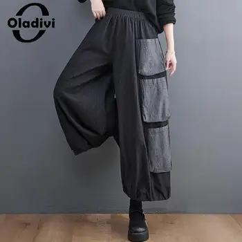 Oladivi, дамски панталони с широки джобове голям размер, Пролетно-есенни ежедневните Свободни панталони, Реколта дамски дрехи големи размери L-4XL 3585