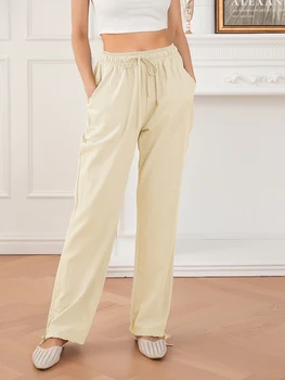 Дамски ленени панталонът е прав, с еластичен колан и джобове, удобни всекидневни спортни панталони за лятна почивка