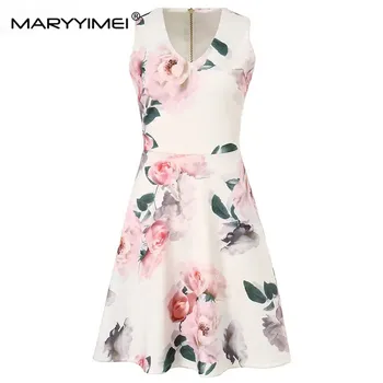 Дизайнерско лятото е кратко рокля на бретелях MARYYIMEI, дамски елегантни прилепнали рокли с флорални принтом, Vestdios