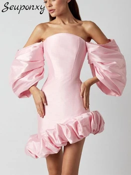 Висококачествено Лятно Дамско секси мини рокля с открити рамене и пищни ръкави, Розова мини рокля с волани, елегантна вечерна рокля Vestidos