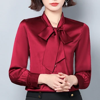 Пролетни блузи 2024, модни Нова сатен риза с лък, коприна тутового цветове, модни дамски однотонная коприна блуза с дълъг ръкав на лигавицата