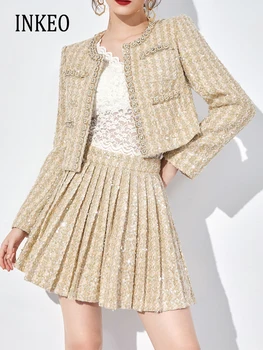 Луксозен туид сако с пайети, яке и плиссированная мини-пола, Елегантен женски комплект от 2 теми, яке с жемчужными бутони, костюм 2024 INKEO 3O325