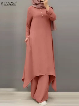 ZANZEA Пролетта мюсюлмански комплекти Модерна Ислямска Дрехи, Обикновен Дамски блузи с нередовни подолом, Дълги панталони, Кафтан 2 ЕЛЕМЕНТА 2023 г.