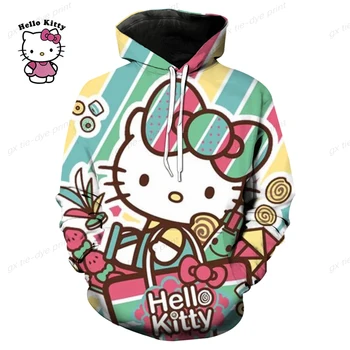 Скъпа hoody с качулка в стил аниме с изображение на HELLO KITTY, блузи с графичен принтом, hoody за жени, Детски дрехи оверсайз, Градинска дрехи, блузи