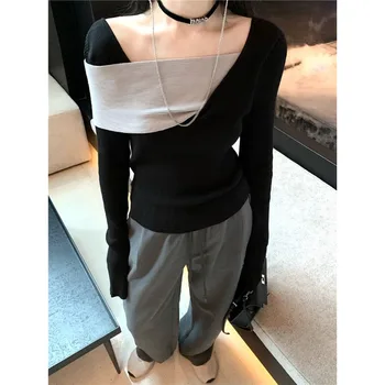 Жена пуловер QWEEK, черен, в корейски стил, есенен пуловер с дълги ръкави в стил мозайка, Тънки плетива, пуловери, Модерен шик, създава ретро