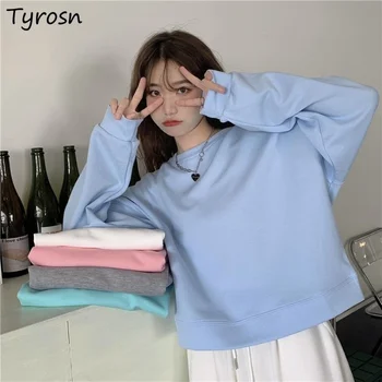 Дамски блузи с кръгло деколте За сладки момичета ярки цветове, ежедневни свитшоты в корейски стил, свободни обикновен дамски ежедневни тоалети