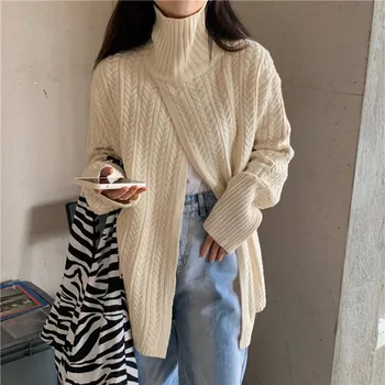 Модерен обикновен женски пуловер с висока воротом, есен-зима, топло Свободни пуловери, Елегантен пуловер с цепка, дамски пуловери с прерязано