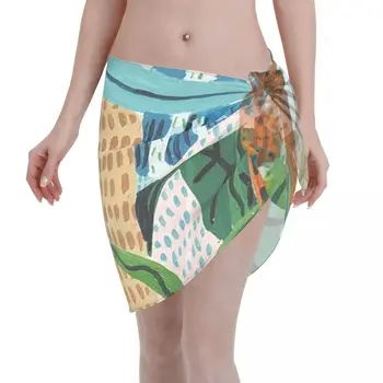 Секси женски кафтан от полиестер с ботаническата принтом джунглата, Саронг, Плажни дрехи, Тропически пола, Бикини, Къса пола