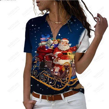 2023 Дамски Нова Лятна Риза С Къс Ръкав на Дядо Коледа 3D Дигитален Печат Жена Яка Поло Однобортный Свободен Спокойна Топ