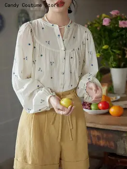 Офис Дамски Ежедневни Сладки ризи, Елегантни Ризи с цветя модел Тънки Женски Слънцезащитен крем с дълъг ръкав Нова Есен