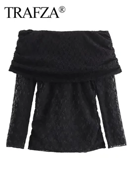 TRAFZA Пролетта Елегантен Женски Шик Обикновен пуловер с открити рамене и дълъг ръкав, Дамски Секси Модни Тънки Дантелени Полупрозрачни блузи Y2K