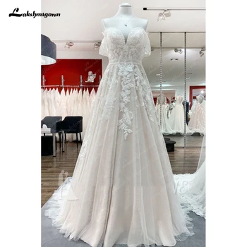 Стилна сватбена рокля Emy с открити рамене и флорални кружевными апликации, сватбената рокля без гръб 2023 Vestido, сексуална сватбена рокля в стил бохо