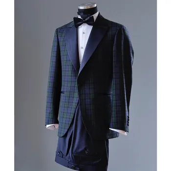 Тъмно сини мъжки костюми, ушити по поръчка, 2 броя, сако, панталони с ревера на една пуговице, изпъстрен кубчета, модерен бизнес сватбени костюми по поръчка