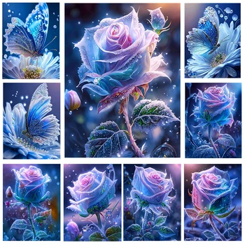 Серия цветни сини рози, пеперуди и цветя, расписанных диаманти, 5D, Мозайка бродерия 