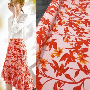 Модерна нова еластична коприна крепдешиновая плат с принтом червено кленов лист, елегантна рокля-риза, висококачествена дизайнерска домашна кърпа, тканая