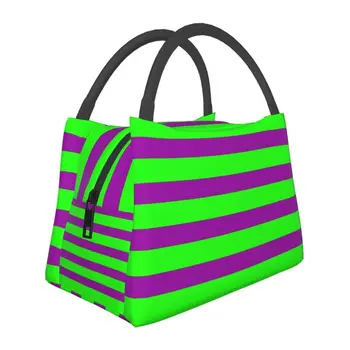 Геометрична изолирано чанта за обяд в зелени и виолетови райета за работа, офис, магазин, модерен и лесен преносим термоохладитель, кутия за Bento за жени
