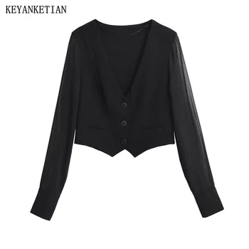 KEYANKETIAN/ Нова дамски шифоновая риза в стил мозайка, пролетна блуза с V-образно деколте и дълъг ръкав копчета, съкратен топ за офис дама, блузи копчета