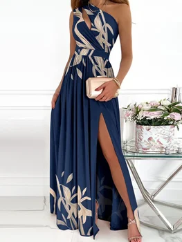 2023 Годишна секси дълга пола, Елегантна пола с цветен модел с едно рамо, Градиент пола с висока цепка, Асиметрична рокля