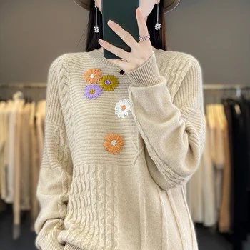 Нов дизайнерски пуловер от 100% чиста вълна през есента и зимата в ретро стил японски свободен вълнен пуловер с бродерия