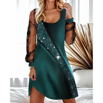 Сексуалното сетчатое мини рокля в стил мозайка, дамски модни рокли с кръгло деколте и ръкави-фенерчета за жени 2024, пролет-есен, ефирни рокли трапецовидна форма