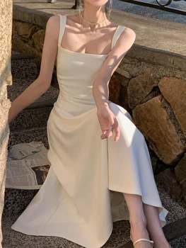 Бяла рокля Midi 2023, Лятно Дамско елегантно Ново Френско вечерна рокля за бала, секси модни тънки дрехи, женствена рокля-хавлия