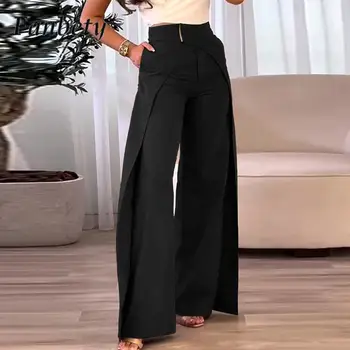 Модни обикновен панталон с висока талия и широки штанинами, дамски панталони с цепка от дантела с метална катарама, 2023, ежедневни универсални панталони за хай стрийт