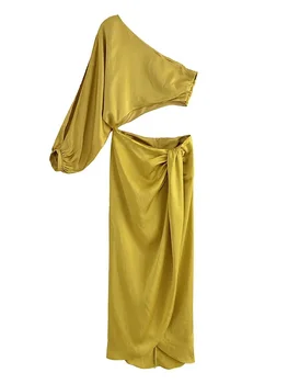 TARF 2023, женски ново модно лятото сексуалното жълто мини рокля с асиметрична сатенена текстура, женствена рокля в ретро стил