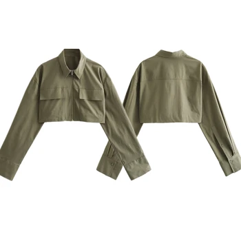 Jenny & Dave, ретро армията зелена секси ежедневна риза с джобове, женски модерен съкратен топ