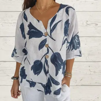 Женска тениска с V-образно деколте и принтом листа, дамска блуза с V-образно деколте, свободно намаляване в ретро стил, риза с ръкав три четвърти от мека, дишаща материя
