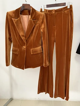 Най-новият дизайнерски костюм HIGH STREET 2024 F / W, женски velvet блейзър на една пуговице, панталони-клеш, комплект от 2 теми