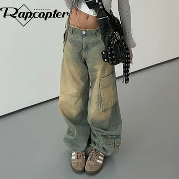 Rapcopter y2k, дънки-карго с тай-дайном, големи джобове, широки панталони с ниска талия дамски градинска дрехи, Корейската мода, панталон 2000-те, Естетика