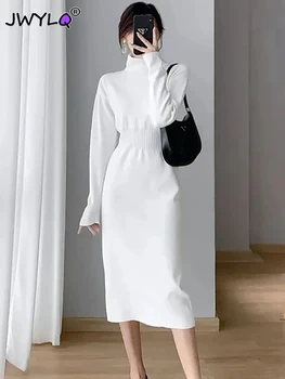 Корейската мода Поло, Тънки Стрейчевые рокля-пуловер с дълъг ръкав Елегантна Градинска Облекло Свободни рокли Midi 2023 Ежедневното Бяла рокля