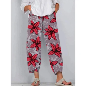 Есенни дамски панталони CLOOCL, панталони свободно намаляване на модел на Червена Лилия и големи цветя, ежедневни панталони с двоен джоб, Дамски дрехи